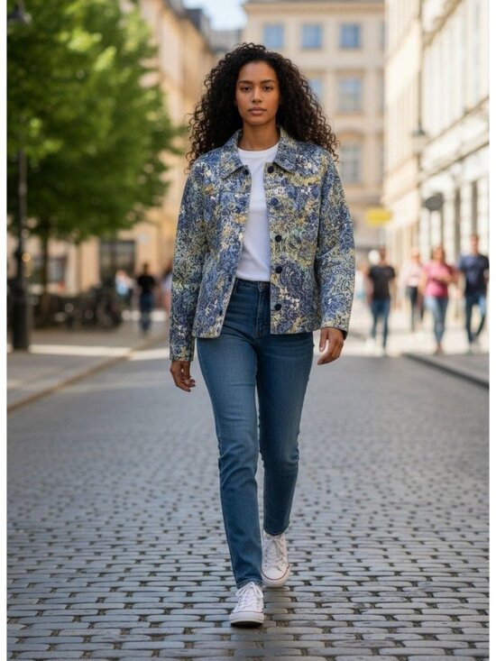 Rebecca Malone Jackets & Blazers - Rebecca Malone Floral Paisley Button-Down Jacket PM Blue Yellow Cotton Blend